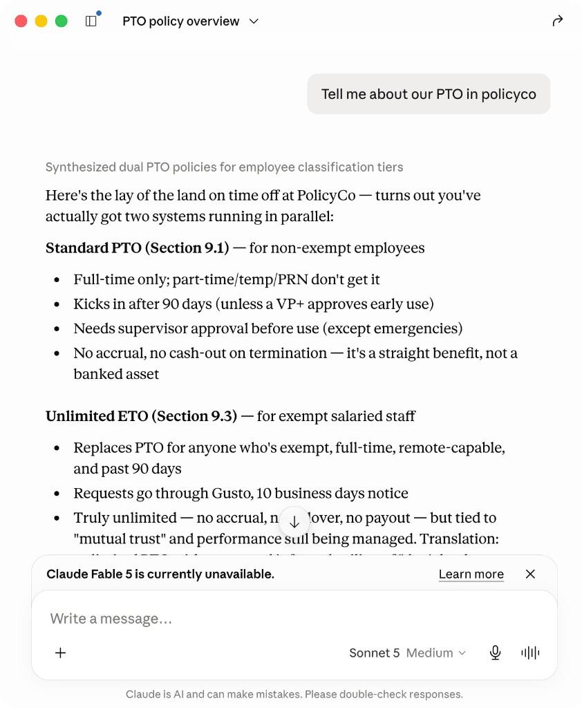 AI policy question answered from PolicyCo source material