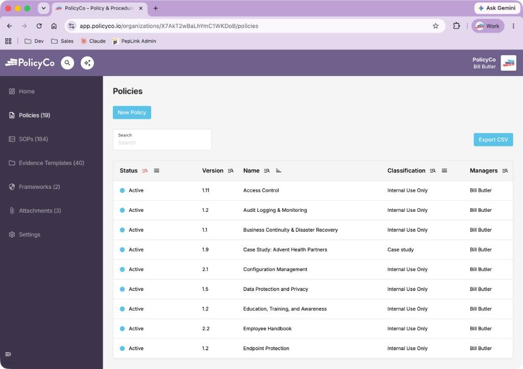 PolicyCo policies dashboard showing versioned policy records
