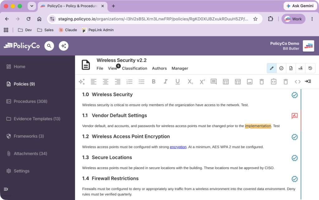 PolicyCo policy editor showing a versioned policy in review
